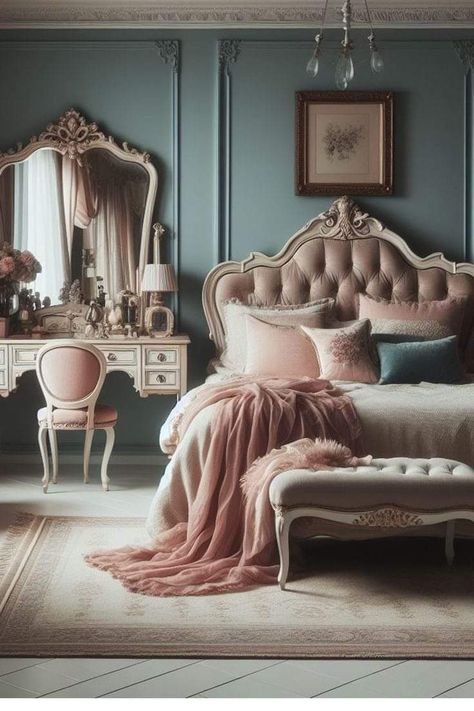 Pink Vintage Bedroom Aesthetic, Regencycore Bedroom, French Glam Bedroom, Blush Headboard, Vintage Parisian Bedroom, Vintage Glam Bedroom Ideas, Parisian Bedroom Vintage, Vintage Feminine Bedroom, Moody Vintage Bedroom