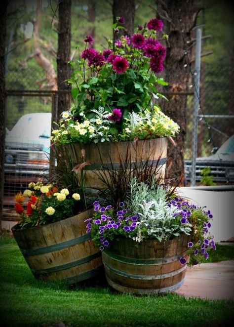 25 Clever DIY ideas to reuse old wine barrels in garden and yard decoration Barrel Garden Ideas, Wine Barrel Garden, Barrel Flowers, Whiskey Barrel Planter, Wine Barrel Planter, Barrel Ideas, Barrel Decor, Barrel Planter, Wine Barrels