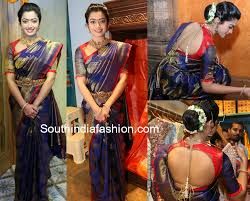 Image result for rashmika mandanna at mugdha store launch Navy Blue Pattu Saree, Blue Kanchi Pattu Saree, Blue Pattu Saree, Navy Blue Saree, Blouse Works, Blue Silk Saree, Kanjeevaram Sarees, Casual Frocks, Rashmika Mandanna