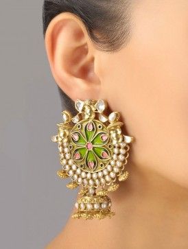 Leafy Meenakari Jhumki Earrings Jashn Indian Jewelry Earrings, Jhumki Earrings, Wedding Jewellery Collection, Traditional Earrings, Jewelry Design Earrings, Indian Wedding Jewelry, Indian Earrings, Fashion Jewelry Sets, Gold Earrings Designs