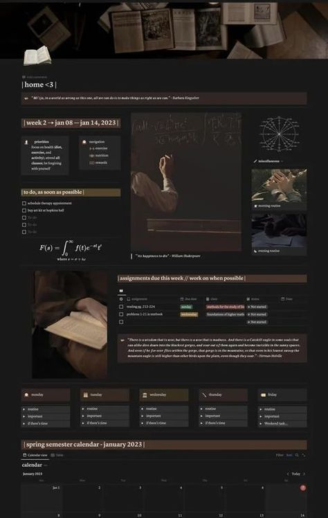 free notion templates College Notion Aesthetic, Notion Library Aesthetic, Dark Mode Notion Ideas, Notion Aesthetic Academia, Dark Green Notion Template, Notion Icons Dark Academia, Notion Template Ideas Aesthetic For Students Dark, Notion Dark Mode Templates, Notion Template Ideas Dark Academia