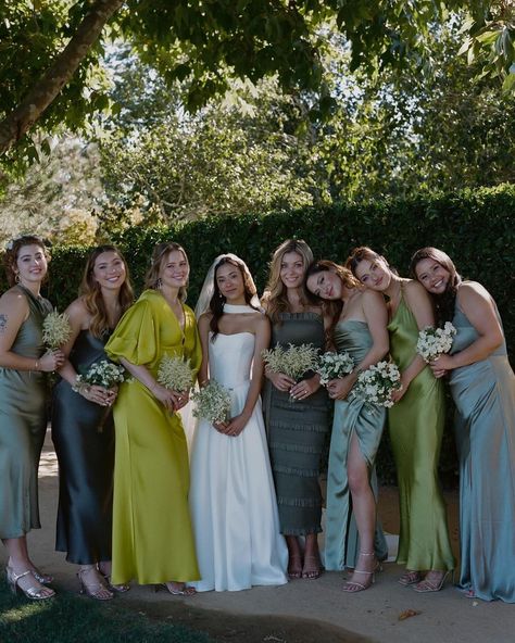 Dresses • Instagram Two Color Bridesmaid Dresses, Green Color Palette Bridesmaid Dresses, Different Color Bridesmaids Dresses, Same Dress Different Color Bridesmaids, Dark Mismatched Bridesmaid Dresses, 6 Bridesmaids Pictures, Blue Shades Bridesmaid Dresses, Green Bridesmaids Dresses Mismatched, Summer Green Bridesmaid Dresses