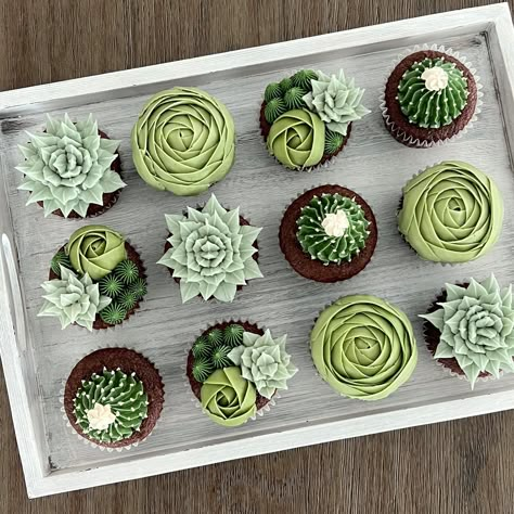 Nature Inspired Cupcakes, Succulent Birthday Cake For Women, Plant Themed Cupcakes, Plant Cupcakes Ideas, Plant Themed Desserts, Plant Lover Cake, Plant Theme Party, Botanical Cupcakes, Piping Succulents