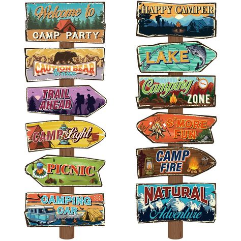 PRICES MAY VARY. Package Includes: you will get 24 pieces of camping party signs decors in 12 different styles, 2 pieces for each style, coming with 100 pcs glue point dots for easy paste; These camping party directional signs are ideal for all camping theme parties, which will create some beautiful camper party memories; You can also share them with your neighbors or families Camping Party Design: our camping decorations for party are featured with various camping party themed elements, such as Camping Themed Party Decorations, Camping Party Decor, Rustic Camper, Camping Party Decorations, Camping Decorations, Camping Theme Birthday, Picnic Activities, Summer Camp Themes, Welcome Porch Sign