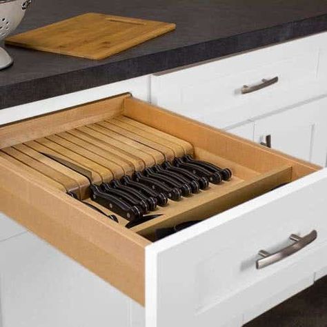 Knife Drawer Storage, Knife Block Drawer, Kitchen Cabinet Storage Ideas, Cabinet Storage Ideas, Small Drawer Organizer, Knife Drawer Organizer, Deep Drawer Organization, Knife Drawer, Cabinet Organizers