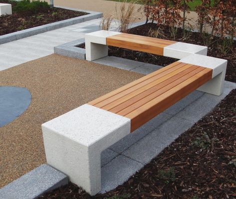 Giada PDM Concrete Wood Bench 9 | id created, Inc. Concrete Wood Bench, Concrete Seating, Outdoor Bench Seating, Wooden Garden Benches, Concrete Bench, Park Landscape, Industrial Park, Bench Designs, Urban Furniture