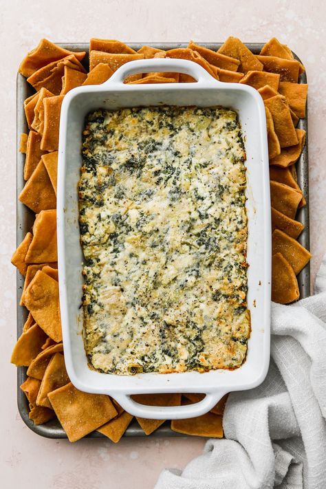 Warm Spinach Artichoke Baked Feta Dip Healthy Spinach Artichoke Dip, Cheesy Spinach Artichoke Dip, Spinach Artichoke Dip Easy, Baked Spinach Artichoke Dip, Spinach Artichoke Dip Recipe, Artichoke Dip Recipe, Popular Appetizers, Baked Feta, Spinach Feta