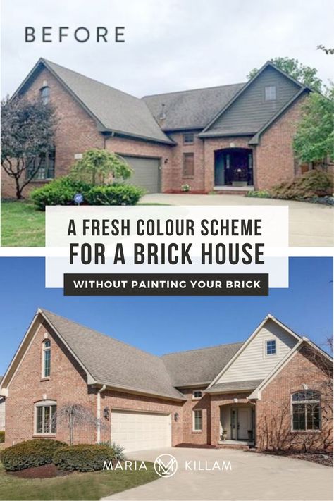 Often, the simple colour scheme is best, especially with a classic brick house like this one. You can still freshen up a classic brick house WITHOUT painting the brick exterior! House Trim Colors Exterior Brick, Pink Brick Exterior Makeover, House Trim Colors Exterior Pink Brick, Trim For Brick House, Pink Brick Home Exterior, Rose Brick House Exterior, Brown Brick Trim Colors, Orange Brick Home Exterior Colors, Pinkish Brick House Exterior