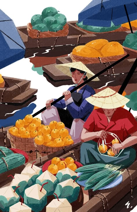 Floating Market, Vietnam Art, Thai Art, Illustration Style, Food Market, Illustrations And Posters, Freelance Illustrator, College Art, Hanoi