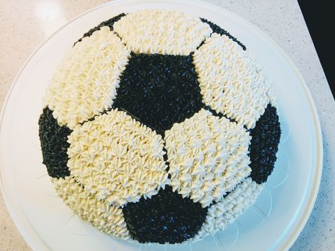 Soccer Ball Party Ideas, Buttercream Soccer Cake, Easy Soccer Birthday Cake, How To Make A Soccer Ball Cake, Soccer Cake Diy, Soccer Cake Birthday, Soccer Cakes Ideas, Soccer Cake Easy, Soccer Cookie Cake