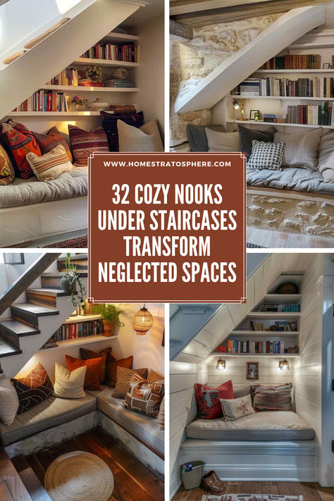 32 Cozy Nooks Under Staircases Transform Neglected Spaces Under Staircase Bookshelves, Books In Stairs, Library Under Stairs Ideas, Under The Stairs Bookcase, Under The Stairs Library, Reading Book Under Stairs, Understairs Reading Nook Ideas, Under Stairs Library, Under Stairs Office Ideas