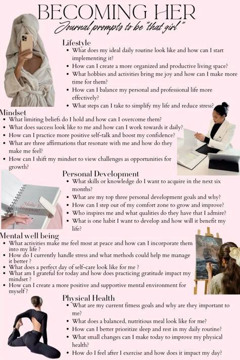 Elevate your summer with these powerful journal prompts designed to help you become ‘that girl.’ Focus on lifestyle, mindset, personal development, and self-care. Perfect for enhancing your aesthetics and mental well-being. Save this pin for your ultimate self-care journey! #Aesthetics #SummerSelfCare #Hairstyle #ThatGirl #journalprompts #journaling #gratitude #itgirlmindset #lifestyle Self Growth Ideas For Women, Gratitude Journaling Prompts, Glow Up Journal Prompts, Lifestyle Journal, That Girl Self Care Aesthetic, Become Aesthetic, Journal Aesthetic Design, Becoming Her Journal Prompts, Tips To Focus On Yourself