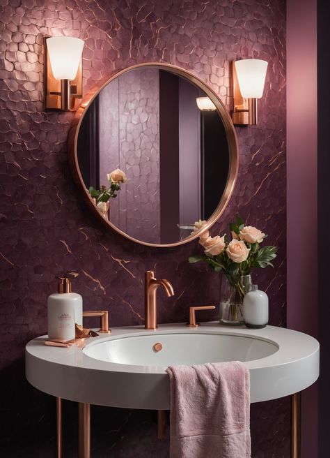 Immerse yourself in this uniquely styled bathroom where vintage allure meets modern elegance! The soft, dusty pink tiles create a warm backdrop, beautifully contrasted by the luxurious golden faucet and accessories that add a touch of opulence. The sleek mirror reflects not only light but also the charm of this inviting space. Perfect for unwinding after a long day, this bathroom is a delightful blend of comfort and sophistication. #BathroomGoals #ChicDecor #GlamourousSpaces Mauve And Blue Bathroom, Mulberry Bathroom, Dusty Pink Bathroom, Mauve Bathroom, Styled Bathroom, Pink Bathroom Decor, Bathroom Oasis, Copper Bathroom, Pink Copper