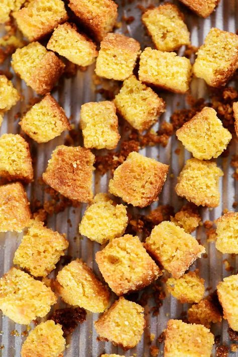 Cornbread Croutons - The Gunny Sack Brown Sugar Pretzels, Soft Cornbread, How To Make Croutons, Thanksgiving Soups, Buttery Cornbread, Cornbread Croutons, Leftover Cornbread, Fudge Ice Cream, Strawberry Pretzel Salad