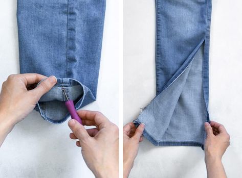 DIY Bell Bottom Jeans How To Make Straight Leg Jeans Into Bell Bottoms, Making Jeans Into Bell Bottoms, How To Make Bell Bottoms Out Of Jeans, Diy Bellbottom Jean, Add Bell Bottoms To Pants, How To Add Fabric To Jeans To Make Bell Bottoms, Diy Flares Bell Bottoms, How To Sew Bell Bottom Pants, Making Bell Bottoms Out Of Jeans