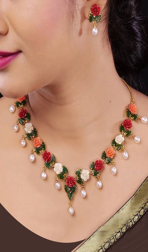 Natural Pearls N colourful Flower Necklace Set - Hyderabad Jewels And Pearls - 3621379 Coral Necklace Designs, Cooking Sweets, Coral Jewellery, Kids Gold Jewelry, Saree Jewellery, Gold Bangles For Women, Gold Jewellry, Choker Designs, Pearl Jewelry Design