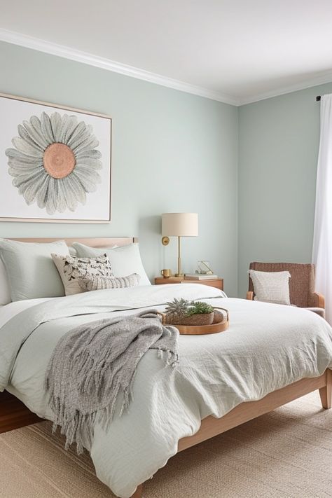 Discover the best paint colors for south-facing bedrooms to make the most of natural light, featuring tips for selecting cool whites, blue-grays, and bold hues that complement the warm, golden sunlight. Sw Sea Salt Bedroom, Sea Salt Bedroom Ideas, Sea Salt Bedroom, Sw Sea Salt, Sea Salt Paint, Sherwin Williams Sea Salt, Sea Salt Sherwin Williams, Popular Paint Colors, Best Paint