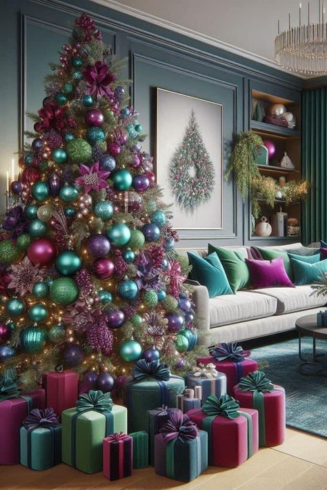 Multicolor Christmas Tree Decorations, Jewel Toned Christmas, Christmas Tree Ideas Elegant, Trendy Christmas Trees, Professional Christmas Tree, Christmas Tree Color Schemes, Purple Christmas Tree Decorations, Christmas Tree Traditional, Tree Decorating Tips