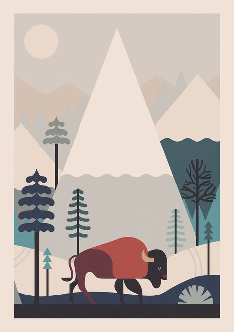 Buffalo Decor, Owen Davey, Flat Design Illustration, Landscape Illustration, Flat Illustration, New Print, Animal Illustration, Graphic Illustration, Digital Illustration