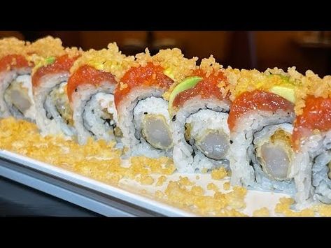 (71) Crunchy tiger roll - YouTube Japanese Sushi Recipes, Maki Recipe, Keto Sushi, Sushi Burger, Vegan Board, Rainbow Roll, Seafood Sushi, Sake Bar, Japanese Food Sushi