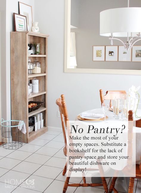 The Perfectly Charming Pantry Substitute Bookshelf Into Pantry, Bookshelf Kitchen Storage, Pantry Bookshelf, Bookshelf Pantry, Kitchen Without Pantry, Diy Kitchen Pantry, Pantry Solutions, No Pantry, Pantry Diy