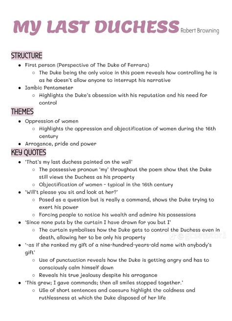 My Last Duchess Poem Analysis, English Language Poem, My Last Duchess, Poetry Revision, English Literature Poems, Gcse Poems, Revision Help, English Gcse Revision, Gcse French