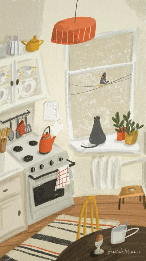 Vintage Kitchen Illustration, Cute Kitchen Illustration, Cozy Kitchen Illustration, Kitchen Illustration Drawings, Illustrated Kitchen, Indoor Illustration, Simple Living Aesthetic, Hygge Illustration, Bored Cat