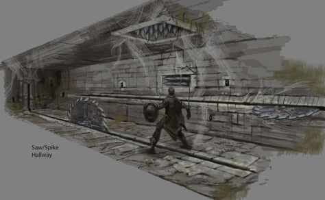 Saw Spike Hallway | Video Games Artwork 5e Traps, Hallway Concept Art, Hammer Concept Art, Dungeon Traps, Dnd Traps, World Of Greyhawk, Trap Room, Maps Drawing, Universe Creation