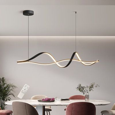 High quality LED light source fully dimmable with remote control from warm light (3000K) to white light (6000K). Brightness: 10-100%. Memory function of LED modern pendant light can be realized, which is more convenient. | Ivy Bronx Fanchet 2 - Light Black LED Kitchen Island Pendant in Black / White | 8.7 H x 43.3 W x 8.7 D in | Wayfair Kitchen Modern Light, Pending Light Dining Room, Modern Kitchen Lights Over Island, Light Fixtures Restaurant, Modern Foyer Lighting Entryway, Office Lighting Ceiling Work Spaces, Kitchen Light Pendants Over Island, Dining Area Lighting, Modern Dining Room Chandeliers