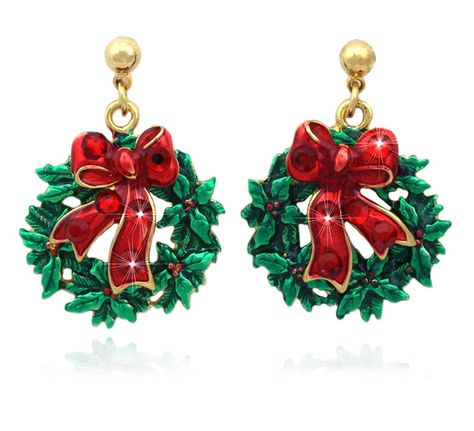 Poinsettia Earrings, Wreath Earrings, Red Earrings Stud, Red Studs, Christmas Ornament Wreath, Green Wreath, Bow Jewelry, Red Jewelry, Earrings Christmas