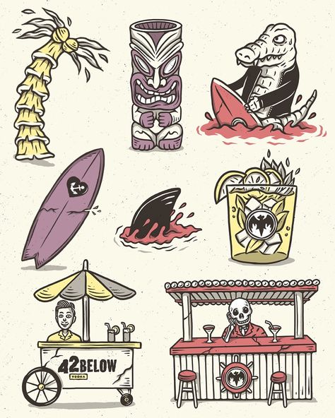 Skeleton Artwork, Surf Tattoo, Camper Art, Tattoo Old School, Flash Sheet, Beach Tattoo, Sketch Tattoo Design, Tattoo Flash Art, Skateboard Art