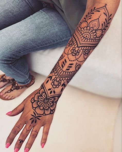 Henna Inspired Tattoos Forearm, Henna Style Sleeve Tattoo, Mandala Dot Work, Henna Style Tattoo, Ankle Henna, Henna Arm Tattoo, Ash Tattoo, Mandala Tattoo Sleeve Women, Henna Tattoo Sleeve