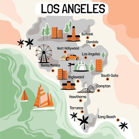 Los Angeles Map Illustration, Los Angeles Map, Building Map, Map Icons, Los Angeles Travel, Draw People, Area Map, Hand Drawn Illustration, Los Angeles Area