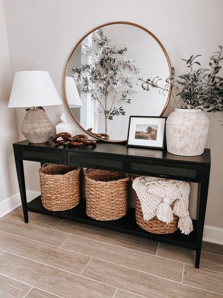 Modern Farm House Entry Table, Black Console Table Entryway Farmhouse, Hallway Console Table Black, Entryway Tables Modern, Mcgee Entry Table, Studio Mcgee Black Entry Table, Black Hall Table Decor, Hallway Table Decorating Ideas, Black Hallway Console Table