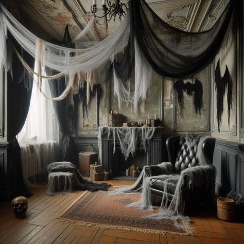 15 Halloween Decorations Indoor Ideas: Spook Up Your Space » HomeDecorFull Spooky Fabric Decor, Haunted House Wall Decor, Immersive Halloween Decor, Scary Halloween Indoor Decor, Haunted House Dining Room, Scary Halloween Mirror Writing, Halloween Interior Decor Party, Halloween Ceiling Decoration, Indoor Skeleton Decor