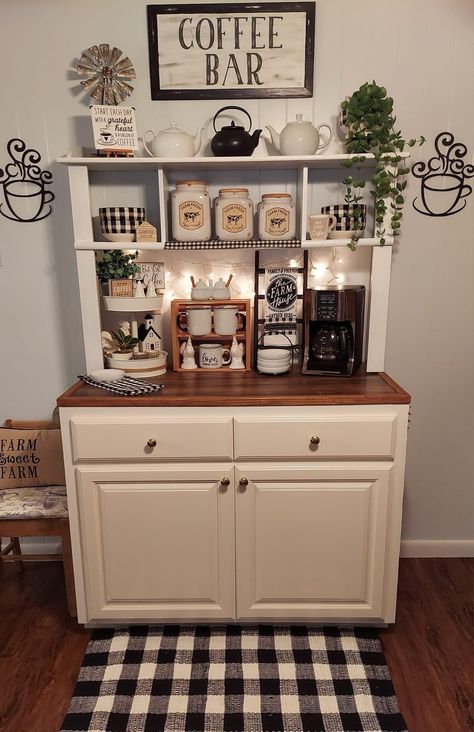 Country Coffee Bar, Bar Storage Ideas, French Country Coffee Bar, Coffee Bar Storage, Beach Theme Living Room, Coffee Bar Station, Living Room Wall Decoration, Farmhouse Coffee Bar, Home Coffee Stations