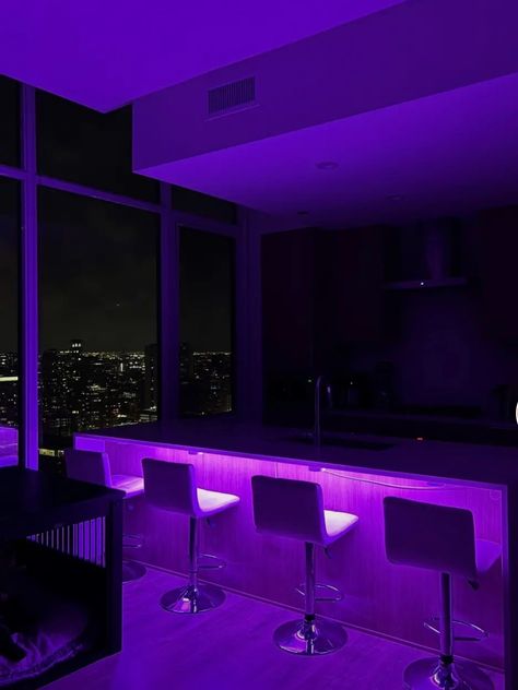 Neon Modern Bedroom, Apartment Neon Lights, Purple Interior Aesthetic, House Or Apartment, Skyline Apartment, Lavender Sunflower, Baddie Apartment, Purple Lights, City View Apartment