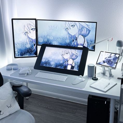 PC setup, 3D artist desk setup, digital artist desk, modern office, minimal workspace, clean setup, white aesthetic, grey aesthetic, technology, computer, cintiq setup, freelance artist, angelcore, clean core, cyber White Aesthetic Desk, Artist Desk Setup, Cintiq Setup, White Desk Setup, Aesthetic Desk Setup, Clean Core, Clean Setup, Minimal Workspace, Artist Desk