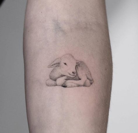 Lil' lamb tattoo on the left inner forearm. Realistic Sheep Tattoo, Realistic Lamb Tattoo, Sheep Tatoos Ideas, Sleeping Lamb Tattoo, Sleeping Lamb Drawing, Lamb Outline Tattoo, Black Lamb Tattoo, Lamb Head Tattoo, Lamb Tatoos