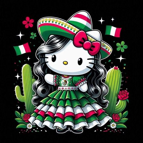 Mexican Hello Kitty Wallpaper, Mexico Hello Kitty, Mexican Cartoon Characters, Hello Kitty Mexican, Mexican Hello Kitty, Spanish Club Ideas, Mexican Pfp, Drawing On Wall, Pants Painting