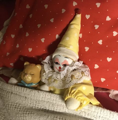 Clown Doll, A Clown, Teddy Bear, Bed