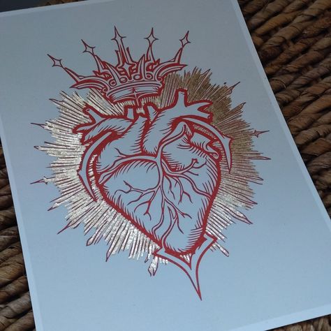 This art print features a Sacred Heart motif in red with a gold gilded halo.  Printed on 225gsm watercolour paper. Hand finished in Gold leaf gilding. Ex Voto, Latin for 'from the vow made', are a traditional Christian term for an offering or gift to a Saint or religious divinity and given in fulfillment of a vow or for gratitude and devotion. The Sacred Heart symbolism holds one of  the deepest meanings in Roman Catholic practice, representing the actual heart of Jesus Christ and His love for all mankind. Measurements approx 148 x 210mm, A5 Size. Sold UNFRAMED. Signed on reverse. Postage. Delivered with Royal Mail Signed for UK customers and International Tracked and signed for Rest of world. All prints are packaged in glassine envelopes to protect the gilding and tissue paper as standard Sacred Heart Meaning, Sacred Heart Illustration, Spiritual Love Art, Sacred Heart Painting, Sacred Heart Design, Sacred Heart Art, Teen Idle, The Vow, Leather Embroidery