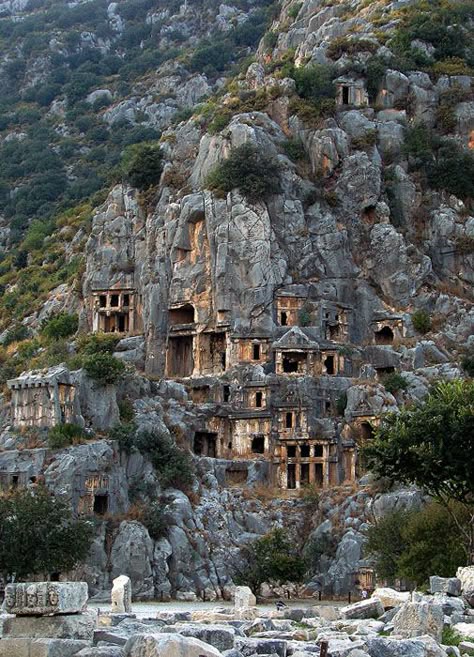 Rock-cut tombs in Myra, an ancient town in Lycia, Turkey. Paul stopped here on his way to Rome to meet the mighty Roman emperor.. Architecture Antique, Breathtaking Places, Gdansk, Ancient Architecture, Rock Formations, Incredible Places, Ancient Cities, Abandoned Places, Places Around The World