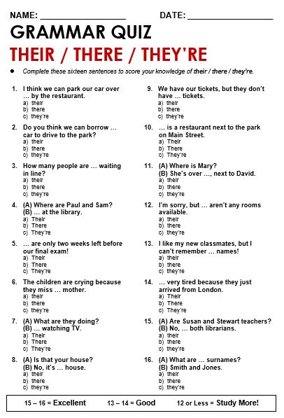 Their / There / They're - All Things Grammar They’re There Their, There Their They're Worksheet, Grammar Worksheets High School, There Their They're, English Grammar Quiz, Grammar Quiz, Grammar For Kids, Grade Spelling, English Grammar Worksheets