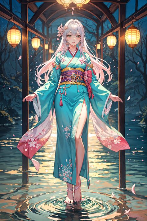 "Embrace serenity with our digital painting of a young adult in a light blue kimono adorned with cherry blossoms. A scene of tranquility at sunset by the riverbank, capturing a moment of peaceful elegance. Perfect art for those who appreciate the ethereal beauty of nature and tradition." Light Blue Kimono, Dress With Skirt, Enchanted Characters, Blue Kimono, Pix Art, Anime Wallpapers, Stunning Wallpapers, Ethereal Beauty, Kimono Fashion