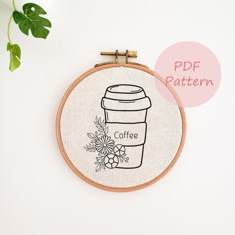 Flower Coffee Cup Embroidery Pattern Coffee Hand Embroidery - Etsy Coffee Hand Embroidery, Templates For Embroidery, Coffee Cup Embroidery Patterns, Embroidery Coffee Patterns, Coffee Mug Embroidery, Embroidery Coffee Cup, Coffee Embroidery Designs, Coffee Embroidery Patterns, Hand Embroidery Inspiration