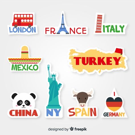 Countries sticker collection | Free Vector #Freepik #freevector #label #travel #badge #sticker Countries Stickers, Travel Stickers Printable, Country Stickers, Macbook Air Stickers, Around The World Theme, File Decoration Ideas, 달력 디자인, Pink Wallpaper Girly, Cute Laptop Stickers