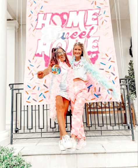 Candy Land Theme Party Outfit, Candy Rush Theme, Home Sweet Home Bid Day, Sorority Rush Themes Fall, Rush Week Themes Sorority, Candy Theme Sorority, Candy Theme Bid Day, Candy Sorority Theme, Candy Bid Day Theme