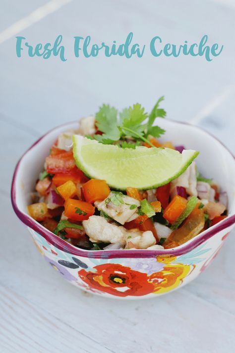 You're going to LOVE this fresh ceviche recipe using Florida fish. Use tomatoes, peppers, onions, and cilantro to create a flavorful combination. Lobster Ceviche, Florida Fish, Sweet Days, Foodie Photography, Ceviche Recipe, Bisque Recipe, Florida Food, Healthy Mexican, State Foods