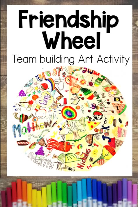 A large circular piece of art is shown.  Each section of the circle includes a name and a variety of art done by children. Fun Group Art Projects, Team Art Projects, Teamwork Art Projects For Kids, Community Building Art Projects, Mentor Activities For Kids, Mindfulness Art For Kids, Community Art Projects For Kids, Teambuilding Activities For Kids, Community Projects For Kids